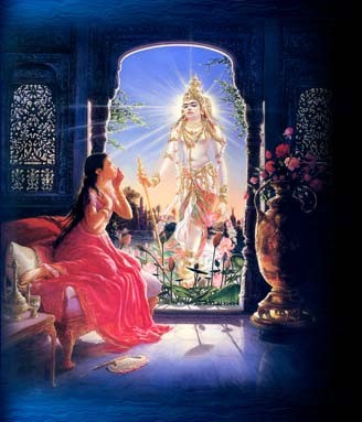 When Queen Kunti (mother of Arjuna and aunt of Lord Krsna) was a young girl she was given a special mantra by Durvasa muni which would summon any demigod she chose to call. Just to test the mantra she invoked Suryadeva the Sun god who immediatly appeared before her. From this meeting the great warrior Karna was produced (Kunti's first son). From the Mahabharata. Image copyright: The Bhaktivedanta Book Trust -- www.Krishna.com