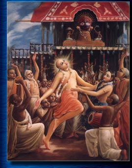 Lord Sri Krsna Caitanya Mahaprabhu dances in divine ecstasy in front of the Rathayatra cart of Lord Jagannatha. Image copyright: The Bhaktivedanta Book Trust -- www.Krishna.com