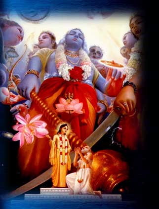 Lord Sri Krsna Caitanya Mahaprabhu, being Lord Krsna Himself, reveals His universal form to Sri Advaita Acarya. Caitanya Caritamrta Madhya-lila. Image copyright: The Bhaktivedanta Book Trust -- www.Krishna.com