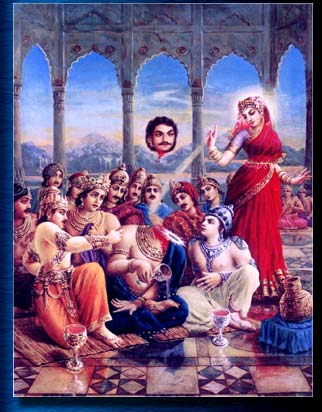 Krsna appeared in His female avatara Mohinimurti, a hypnotically beautiful form that captured the minds of the demi-gods and demons alike. While distributing the Amrita (nectar of immortality) Mohini gave it all to the Devas (gods) and thus cheated the Asuras (demons). However, Rahu being very intelligent snuck between to Devas--the Sun and Moon gods and was able to sip some of the Amrita. But before he could swallow it he was found out by Surya and Chandra who announced his presence. At this point Mohini Murti used Her transcendental waepon the Sudarshana Chakra to cut off Rahu's head. But because he had touched the Amrita to his lips his head stayed alive while his body died. That is why the planet Rahu is described as having no body but only a head. Image copyright: The Bhaktivedanta Book Trust -- www.Krishna.com