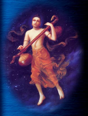 Narada Muni is a transcendental spaceman who wanders throughout the universe chanting the glories of Lord Krsna. He is the foremost of all great sages, and is the incarnation of devotion to God. Image copyright: The Bhaktivedanta Book Trust -- www.Krishna.com