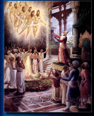 The Navayogendras, nine great mystic transcendentalists, appear in the court of King Nimi and reveal to him various spiritual topics including the identity of the Yuga Avatara for Kali Yuga and the Yuga Dharma. Srimad Bhagavatam 11 canto. Image opyright: The Bhaktivedanta Book Trust -- www.Krishna.com