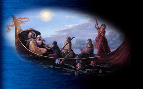 Krsna the Supreme Personality of Godhead, enjoys conjugal pastimes with His most intimate devotees the Gopis on the Yamuna river in the moonlight.  Image copyright: The Bhaktivedanta Book Trust--www.Krishna.com