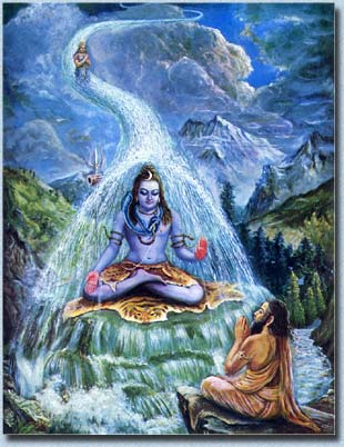 Maharaja Bhagiratha prays for the celestial Ganga to descend to the earth. Lord Siva absorbs the impact of the Ganga by catching it on His head. Image copyright: The Bhaktivedanta Book Trust -- www.Krishna.com