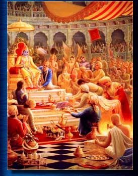 "At the magnificent Rajasuya sacrifice performed by King Yudhisthira Lord Krsna received the honor of first worship and was presented with all types of valuable gifts." Srimad Bhagavatam 10.74  Image copyright: The Bhaktivedanta Book Trust--www.Krishna.com